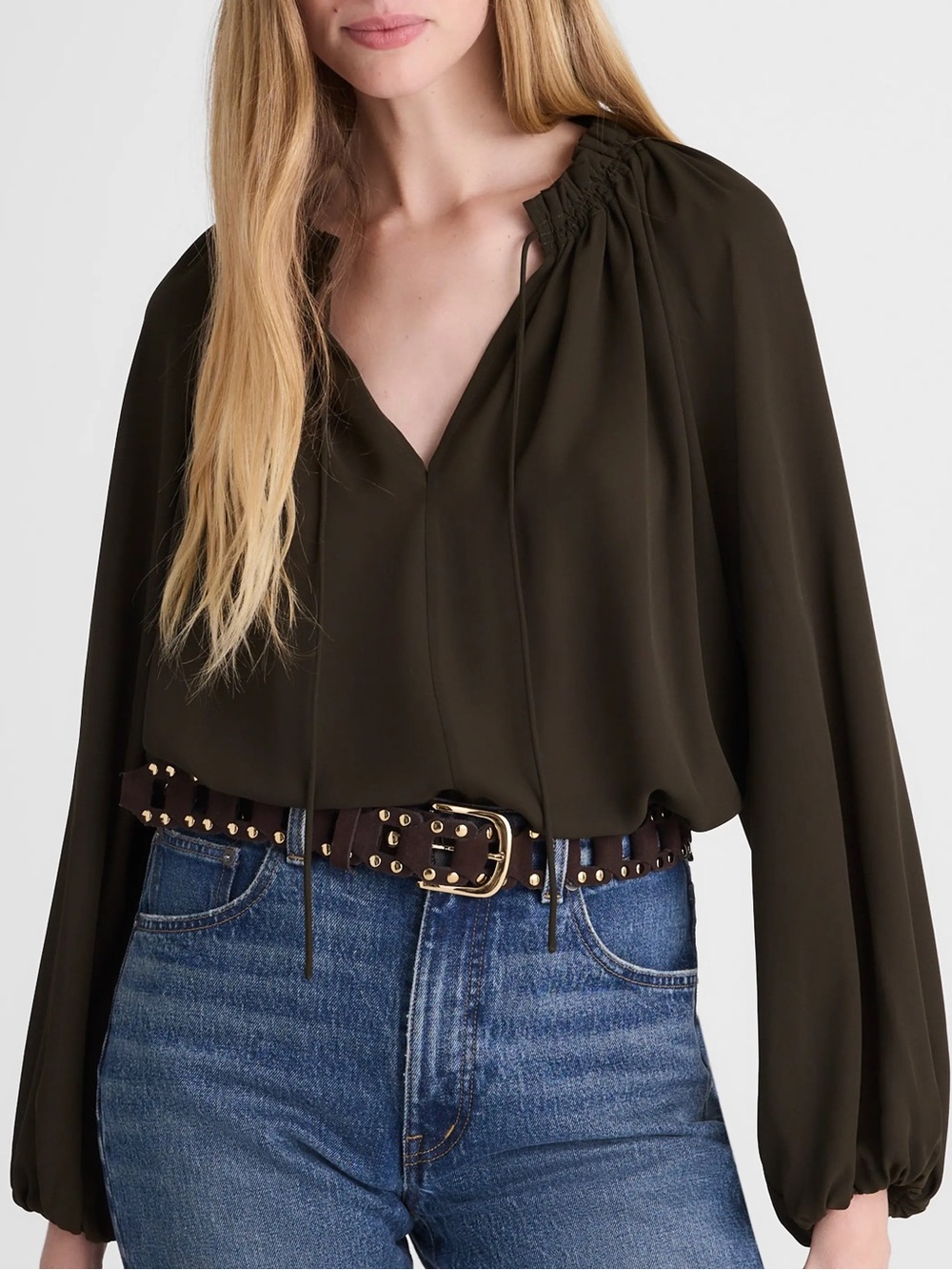 NWT MADEWELL Women’s Long-Sleeve Tie-Neck Top, Midnight Olive, Size Small NY328